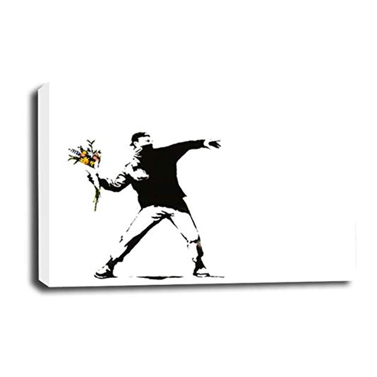 LR Banksy Flower Thrower Wall Art Picture – Grey & White Floral Framed Canvas Print | Ready to Hang | Modern Wall Art for Living Room, Bedroom & Office