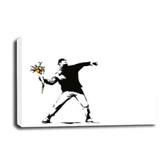 LR Banksy Flower Thrower Wall Art Picture – Grey & White Floral Framed Canvas Print | Ready to Hang | Modern Wall Art for Living Room, Bedroom & Office