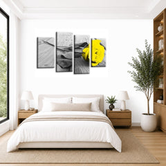 LR Floral Yellow Rose Wall Art Picture – Grey & White Framed 4 Panel Split Canvas Print | Ready to Hang | Modern Wall Art for Living Room, Bedroom & Office