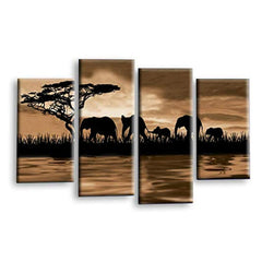 LR Elephant Sunset Wall Art Picture – Cream & Brown African Framed 4 Panel Split Canvas Print | Ready to Hang | Modern Wall Art for Living Room, Bedroom & Office