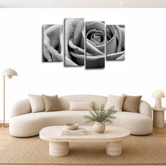 LR Floral Grey Rose Love Art Wall Art Picture – White Framed 4 Panel Split Canvas Print | Ready to Hang | Modern Wall Art for Living Room, Bedroom & Office
