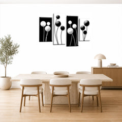 LR Floral Rose Wall Art Picture – Grey, Black & White Framed 4 Panel Split Canvas Print | Ready to Hang | Modern Wall Art for Living Room, Bedroom & Office