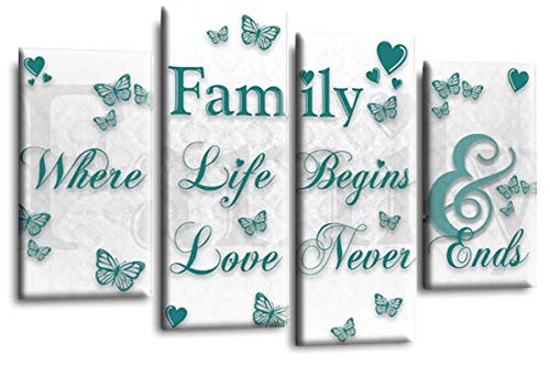 LR Family Quote Wall Art Picture White Teal Grey Home Love Canvas Framed Split Panel Print