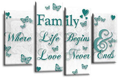LR Family Quote Wall Art Picture White Teal Grey Home Love Canvas Framed Split Panel Print