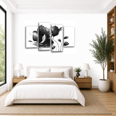 LR Grey Floral Wall Art Picture – Black & White Framed 4 Panel Split Canvas Print | Ready to Hang | Modern Wall Art for Living Room, Bedroom & Office