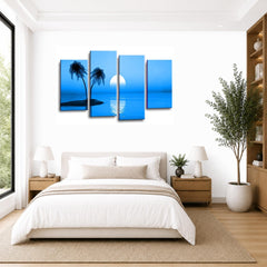 LR Sunset Wall Art Picture – Blue Beach Seascape Framed 4 Panel Split Canvas Print | Ready to Hang | Modern Wall Art for Living Room, Bedroom & Office
