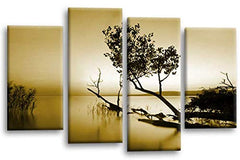 LR Sunset Landscape Lake Wall Art Picture Brown Cream Abstract Floral Framed Split Panel Canvas Print