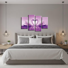 LR Love Swans Wall Art Picture – Purple & White Heart Framed 4 Panel Split Canvas Print | Ready to Hang | Modern Wall Art for Living Room, Bedroom & Office