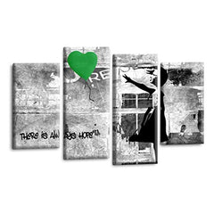 LR Banksy Wall Art Picture – Grey & Green Graffiti Art Framed 4 Panel Split Canvas Print | Ready to Hang | Modern Wall Art for Living Room, Bedroom & Office