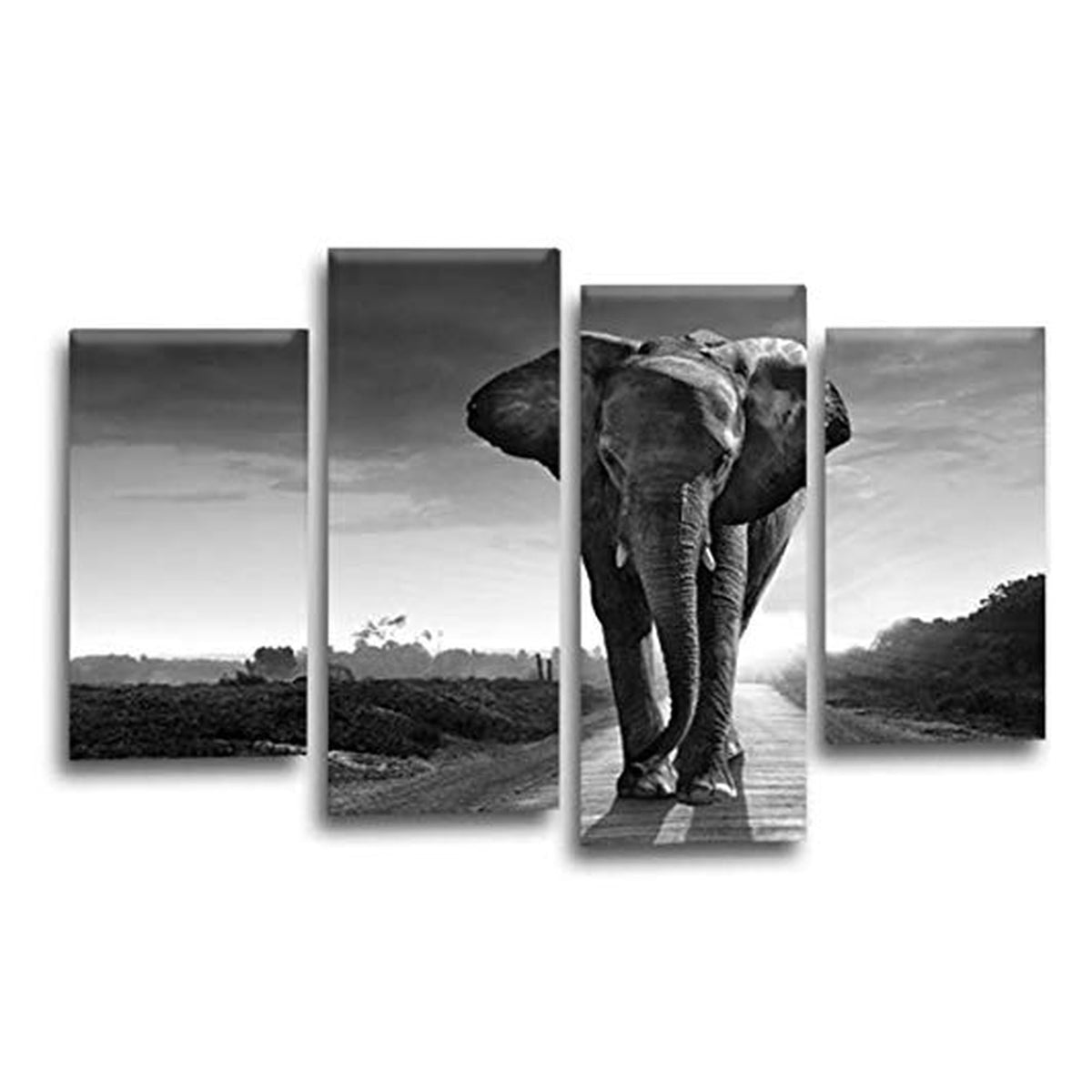 LR Elephants Animal Wall Art Picture – Grey & Black African Elephant Framed 4 Panel Split Canvas Print | Ready to Hang | Modern Wall Art for Living Room, Bedroom & Office