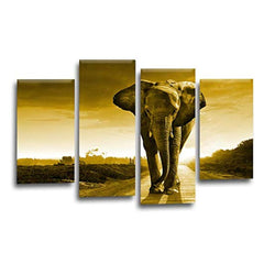 LR Elephant Sunset Wall Art Picture – Grey & Brown African Framed 4 Panel Split Canvas Print | Ready to Hang | Modern Wall Art for Living Room, Bedroom & Office
