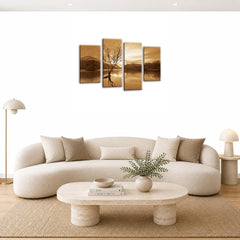 LR Landscape Lake Wall Art Picture – Cream & Brown Floral Framed 4 Panel Split Canvas Print | Ready to Hang | Modern Wall Art for Living Room, Bedroom & Office
