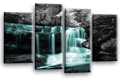 LR Waterfall Teal Wall Art Picture Forrest Landscape Grey Framed Split Canvas Print Ready to Hang