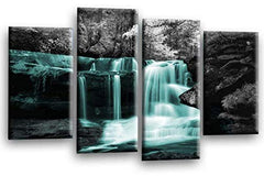 LR Waterfall Teal Wall Art Picture Forrest Landscape Grey Framed Split Canvas Print Ready to Hang