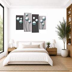 LR Duck Egg Floral Rose Wall Art Picture – Grey Framed 4 Panel Split Canvas Print | Ready to Hang | Modern Wall Art for Living Room, Bedroom & Office