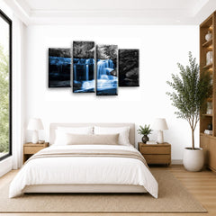 LR Forest Waterfall Wall Art Picture – Grey, Blue & Black Framed 4 Panel Split Canvas Print | Ready to Hang | Modern Wall Art for Living Room, Bedroom & Office