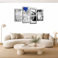 LR Banksy Heart Wall Art Picture – Grey & Blue Graffiti Art Framed 4 Panel Split Canvas Print | Ready to Hang | Modern Wall Art for Living Room, Bedroom & Office