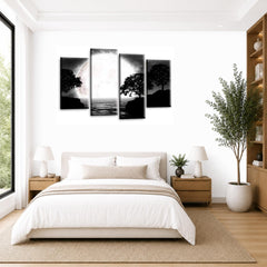 LR Landscape Wall Art Picture – Grey, Black & White Floral Framed 4 Panel Split Canvas Print | Ready to Hang | Modern Wall Art for Living Room, Bedroom & Office