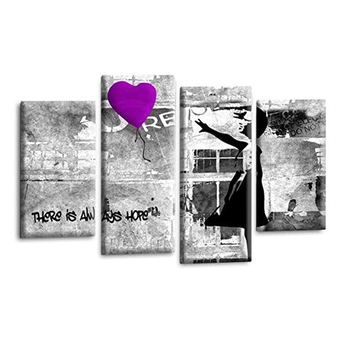 LR Banksy Heart Wall Art Picture – Purple & Grey Graffiti Art Framed 4 Panel Split Canvas Print | Ready to Hang | Modern Wall Art for Living Room, Bedroom & Office