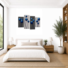 LR Blue Floral Rose Wall Art Picture – Grey Framed 4 Panel Split Canvas Print | Ready to Hang | Modern Wall Art for Living Room, Bedroom & Office