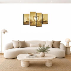 LR Love Swans Wall Art Picture – Cream & Brown Heart Framed 4 Panel Split Canvas Print | Ready to Hang | Modern Wall Art for Living Room, Bedroom & Office