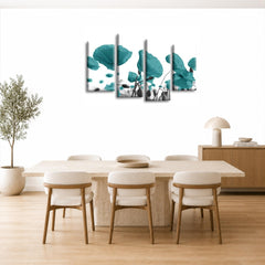 LR Floral Rose Poppy Wall Art Picture – Teal & White Framed 4 Panel Split Canvas Print | Ready to Hang | Modern Wall Art for Living Room, Bedroom & Office
