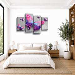 LR Butterfly Heart Wall Art Picture – Grey & Pink Floral Abstract Framed 4 Panel Split Canvas Print | Ready to Hang | Modern Wall Art for Living Room, Bedroom & Office