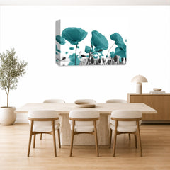 LR Floral Poppy Rose Wall Art Picture – Teal & White Framed Canvas Print | Ready to Hang | Modern Wall Art for Living Room, Bedroom & Office