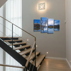 LR Landscape Lake Wall Art Picture – Blue & Brown Floral Framed 4 Panel Split Canvas Print | Ready to Hang | Modern Wall Art for Living Room, Bedroom & Office