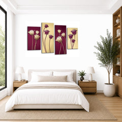 LR Floral Rose Wall Art Picture – Purple & Cream Framed 4 Panel Split Canvas Print | Ready to Hang | Modern Wall Art for Living Room, Bedroom & Office