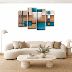 LR Teal Abstract Wall Art Picture – Cream Modern Framed 4 Panel Split Canvas Print | Ready to Hang | Modern Wall Art for Living Room, Bedroom & Office