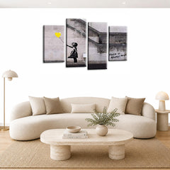LR Banksy Wall Art Picture – Grey & Yellow Graffiti Art Framed 4 Panel Split Canvas Print | Ready to Hang | Modern Wall Art for Living Room, Bedroom & Office