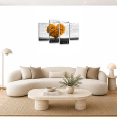 LR Floral Love Heart Wall Art Picture – Grey & Orange Tree Framed 4 Panel Split Canvas Print | Ready to Hang | Modern Wall Art for Living Room, Bedroom & Office