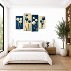 LR Floral Wall Art Picture – Blue & Cream Framed 4 Panel Split Canvas Print | Ready to Hang | Modern Wall Art for Living Room, Bedroom & Office