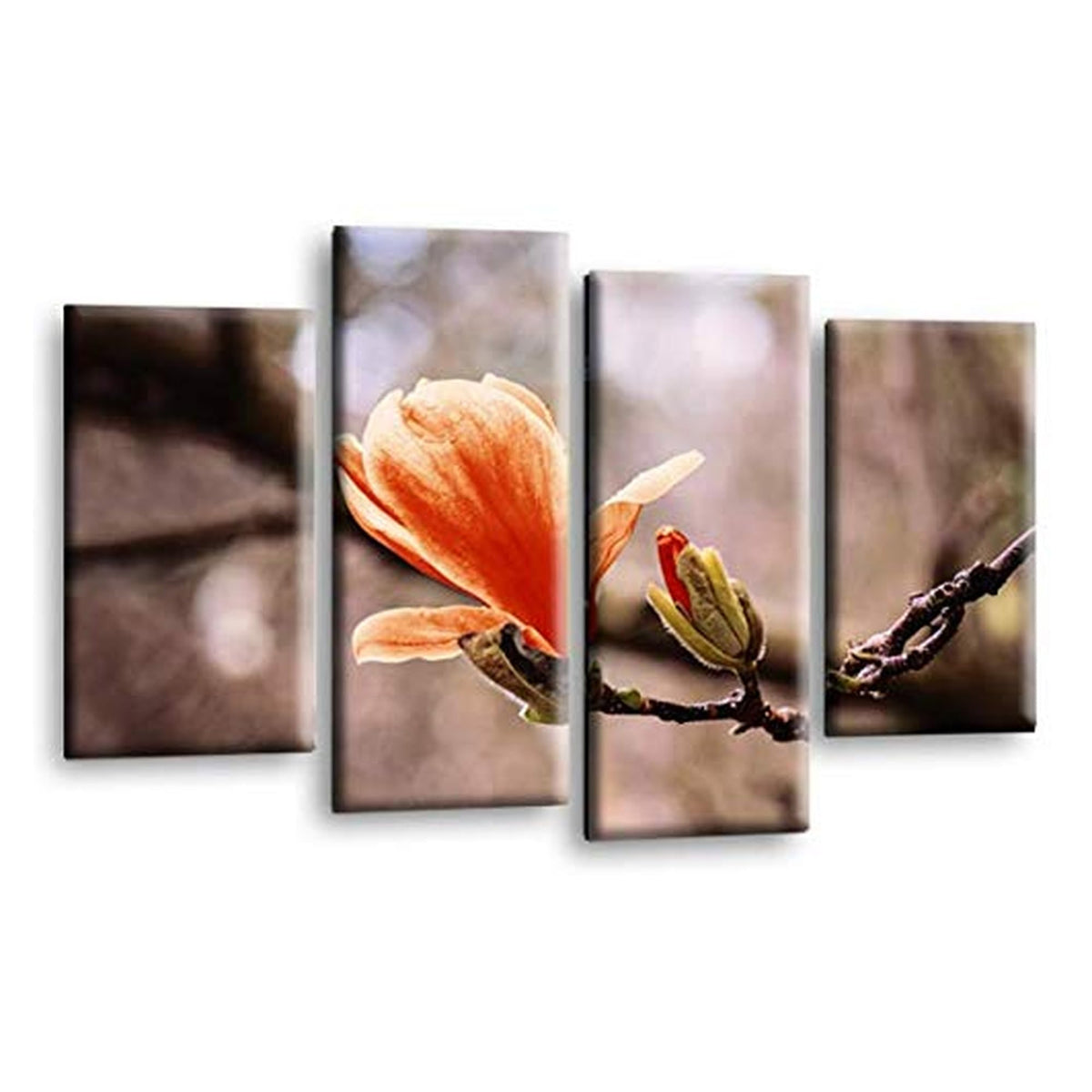 LR Floral Rose Wall Art Picture – Grey & Orange Framed 4 Panel Split Canvas Print | Ready to Hang | Modern Wall Art for Living Room, Bedroom & Office