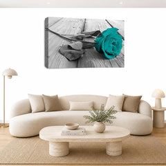 LR Floral Teal Rose Wall Art Picture – Grey & White Framed Canvas Print | Ready to Hang | Modern Wall Art for Living Room, Bedroom & Office