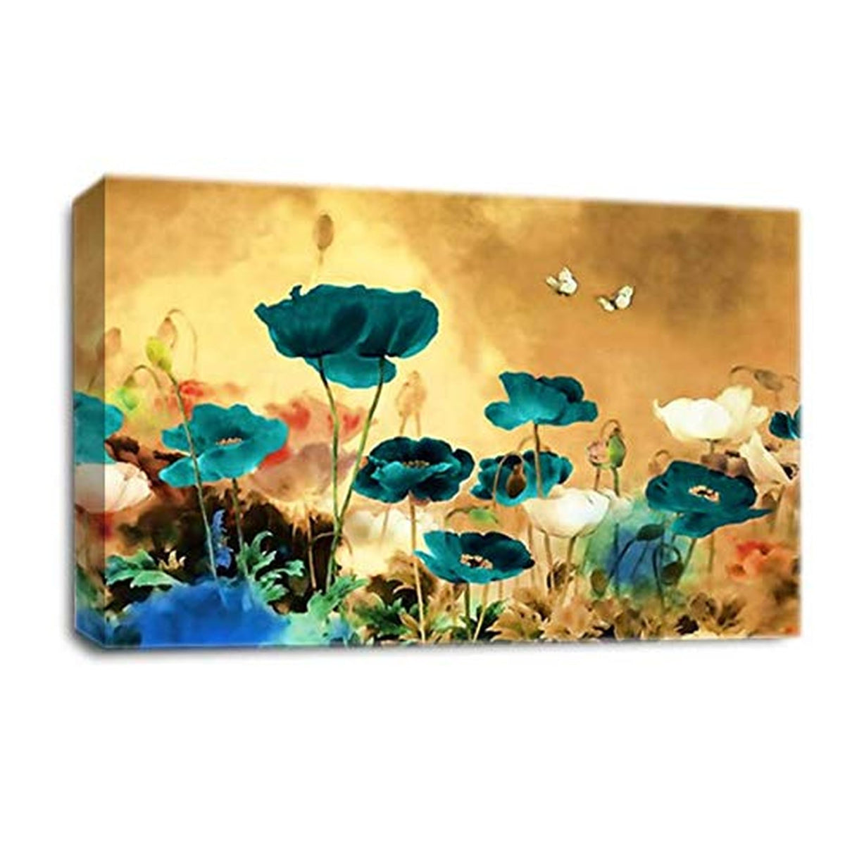 LR Floral Rose Poppy Wall Art Picture – Teal & Cream Framed Canvas Print | Ready to Hang | Modern Wall Art for Living Room, Bedroom & Office
