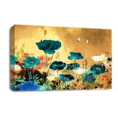 LR Floral Rose Poppy Wall Art Picture – Teal & Cream Framed Canvas Print | Ready to Hang | Modern Wall Art for Living Room, Bedroom & Office