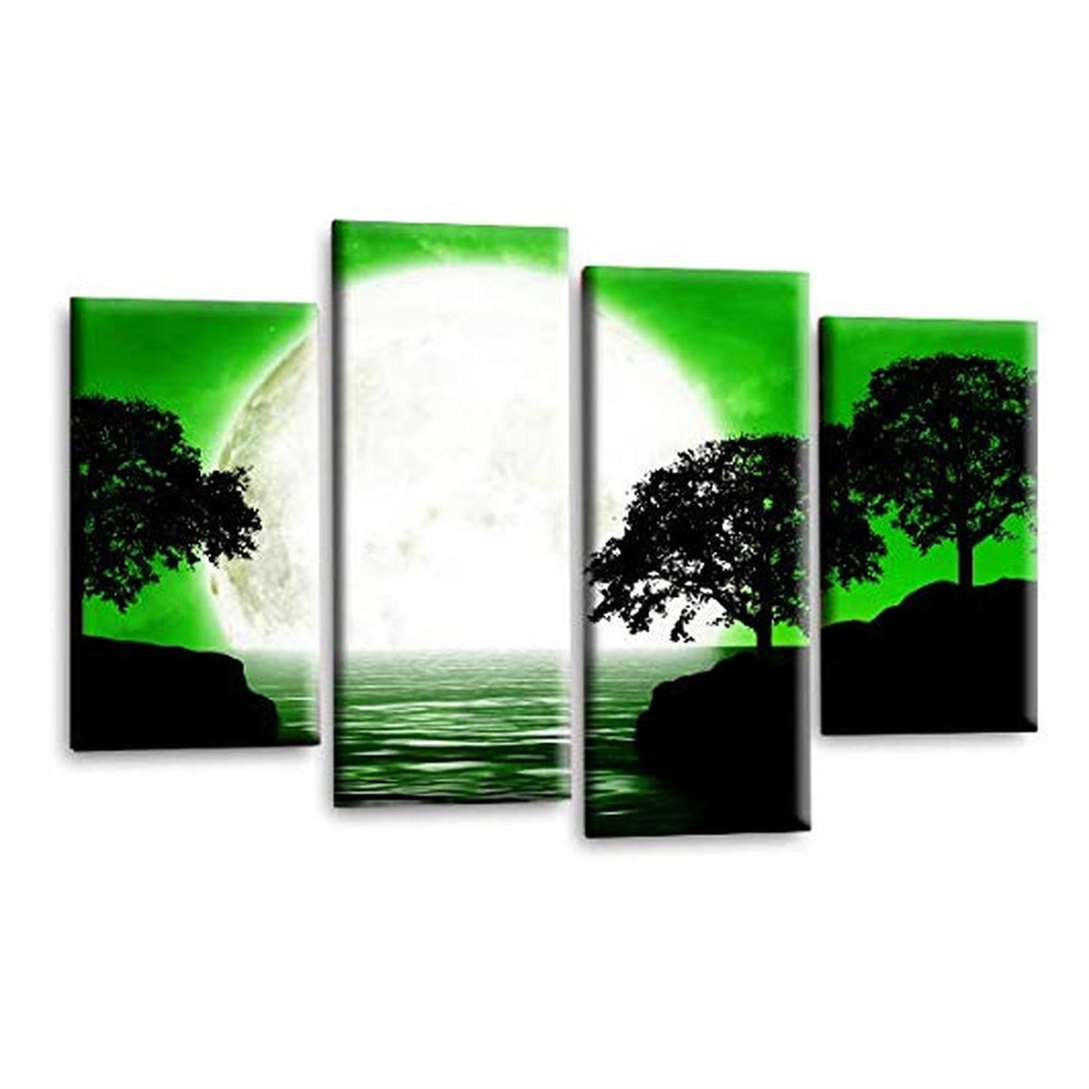 LR Landscape Wall Art Picture – Green, Black & White Floral Framed 4 Panel Split Canvas Print | Ready to Hang | Modern Wall Art for Living Room, Bedroom & Office
