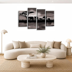 LR Elephant Sunset Wall Art Picture – Grey, Black & White African Framed 4 Panel Split Canvas Print | Ready to Hang | Modern Wall Art for Living Room, Bedroom & Office