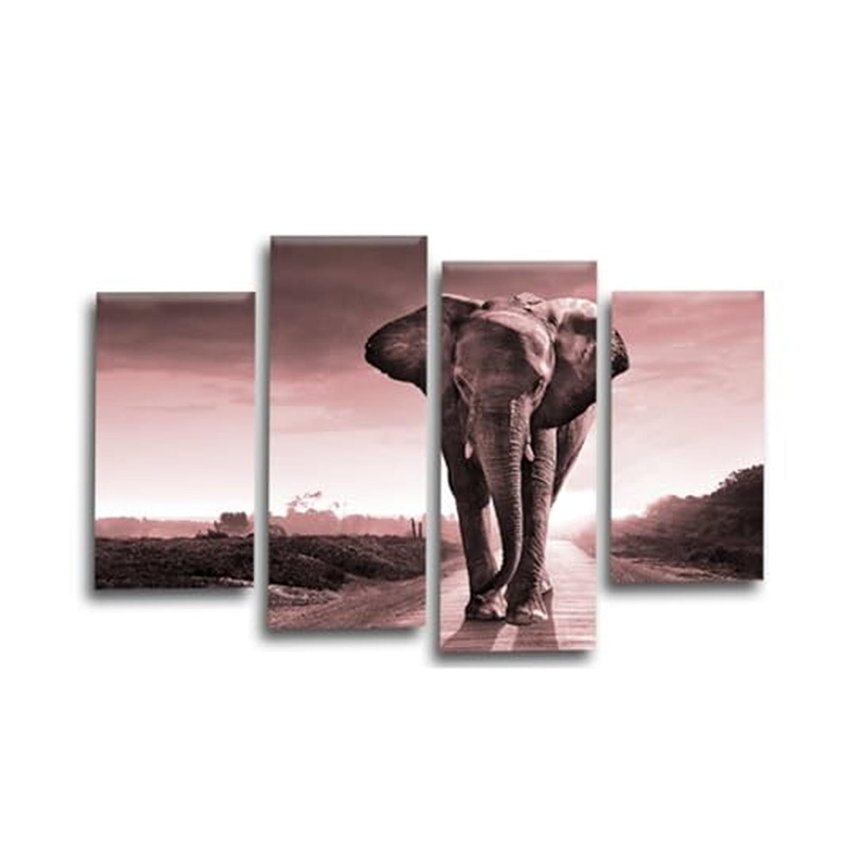 LR Elephant Sunset Wall Art Picture – Grey & Pink African Framed 4 Panel Split Canvas Print | Ready to Hang | Modern Wall Art for Living Room, Bedroom & Office