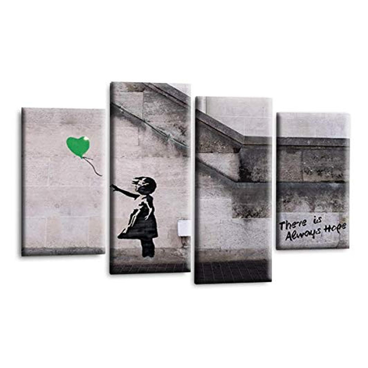 LR Banksy Heart Wall Art Picture – Grey & Green Graffiti Art Framed 4 Panel Split Canvas Print | Ready to Hang | Modern Wall Art for Living Room, Bedroom & Office