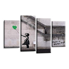 LR Banksy Heart Wall Art Picture – Grey & Green Graffiti Art Framed 4 Panel Split Canvas Print | Ready to Hang | Modern Wall Art for Living Room, Bedroom & Office