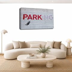 LR Banksy No Parking Wall Art Picture – Grey & Red Graffiti Art Framed Canvas Print | Ready to Hang | Modern Wall Art for Living Room, Bedroom & Office