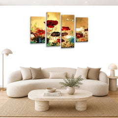 LR Floral Rose Poppy Wall Art Picture – Red & Cream Framed 4 Panel Split Canvas Print | Ready to Hang | Modern Wall Art for Living Room, Bedroom & Office