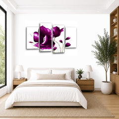 LR Floral Purple Rose Wall Art Picture – White Framed 4 Panel Split Canvas Print | Ready to Hang | Modern Wall Art for Living Room, Bedroom & Office