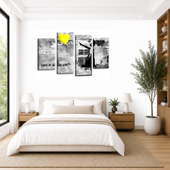 LR Banksy Wall Art Picture – Grey & Yellow Graffiti Art Framed 4 Panel Split Canvas Print | Ready to Hang | Modern Wall Art for Living Room, Bedroom & Office