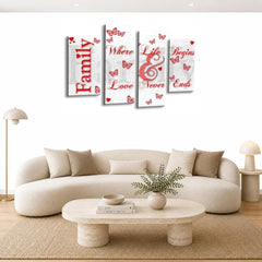 LR Family Love Quote Wall Art Picture – Red & White Framed 4 Panel Split Canvas Print | Ready to Hang | Modern Wall Art for Living Room, Bedroom & Office
