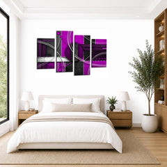 LR Abstract Wall Art Picture – Purple, Grey & White Modern Framed 4 Panel Split Canvas Print | Ready to Hang | Modern Wall Art for Living Room, Bedroom & Office