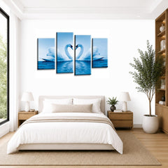 LR Love Swans Wall Art Picture – Blue & White Heart Framed 4 Panel Split Canvas Print | Ready to Hang | Modern Wall Art for Living Room, Bedroom & Office